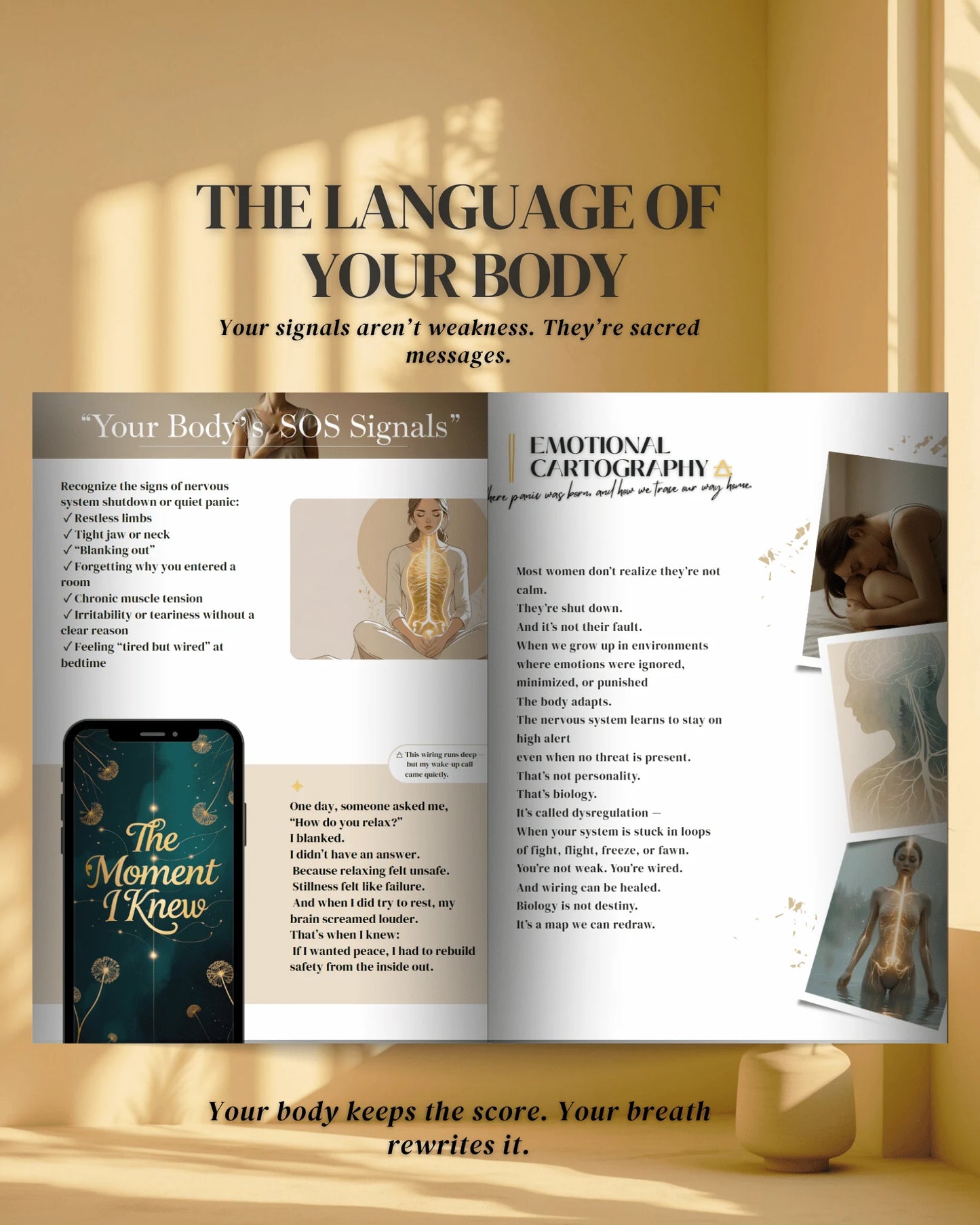 Somatic journaling pages from The Soft Rebuild eBook — guiding nervous system restoration