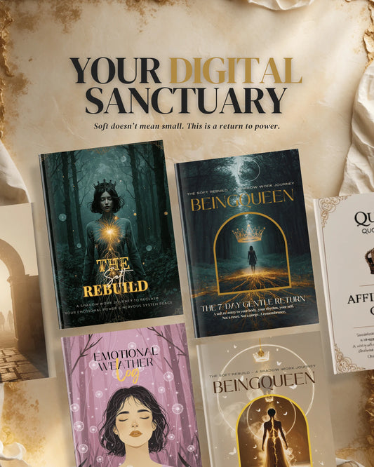 BeingQueen Sanctuary Altar Suite bundle with five digital ritual tools — including The Soft Rebuild, 7-Day Gentle Return, Queen Code Cards, and Emotional Weather Log, arranged on a golden cloth background