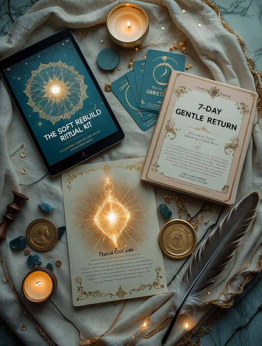 Flatlay of the BeingQueen Sanctuary Altar Suite – including The Soft Rebuild, 7-Day Gentle Return, ritual cards, candles, crystals, and sacred feather