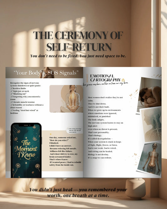 Open book showing reflection prompts from The Soft Rebuild for shadow work and emotional clarity
